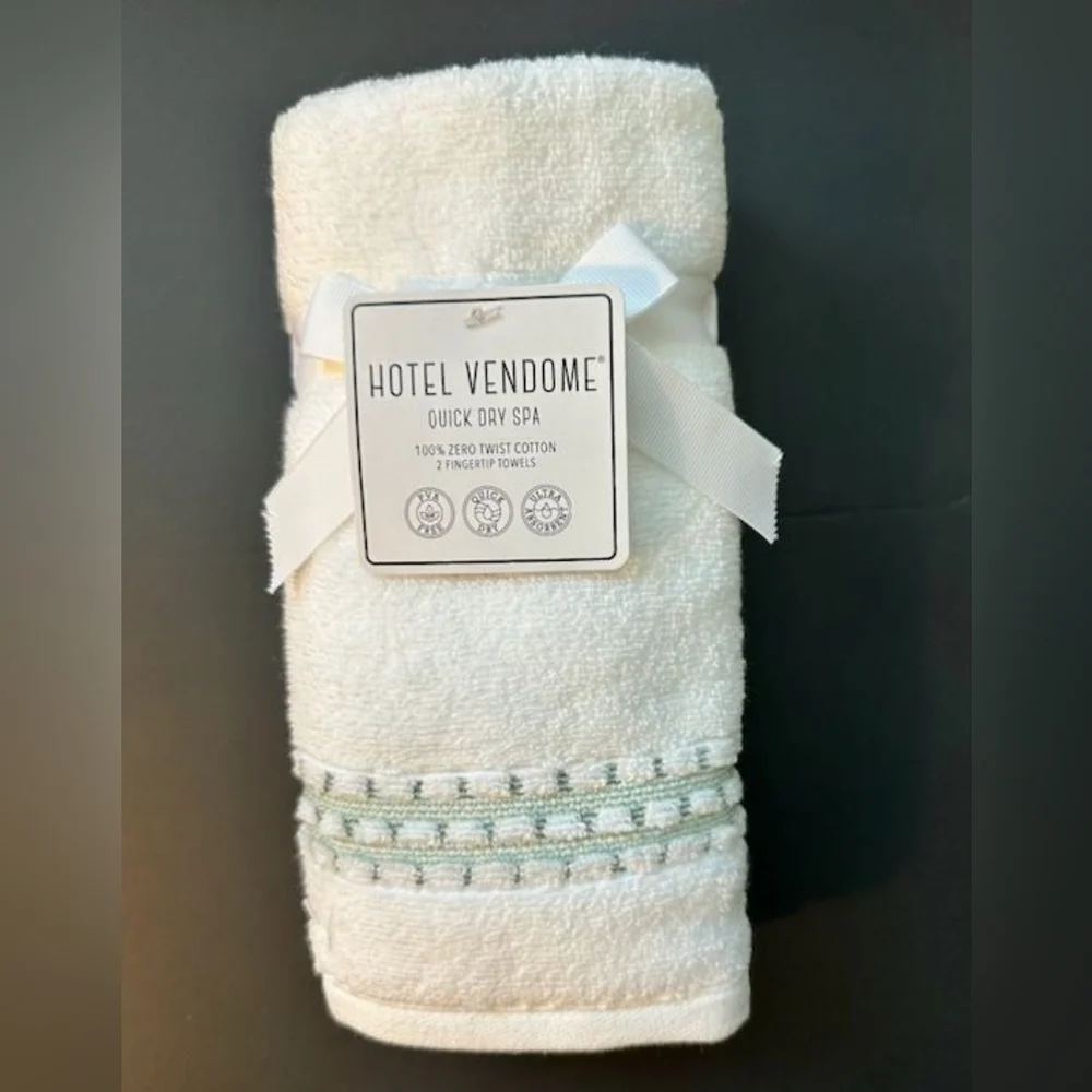 6pc HOTEL VENDOME Quick Dry Spa 100% Zero Twist Cotton Bath Towel Set -Wht/Green